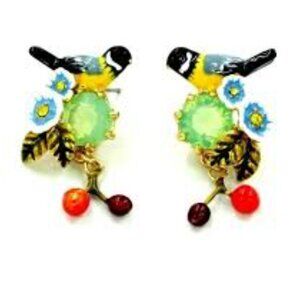 Les Nereides Crystal Stone, Bird & Cherries Stud Earrings